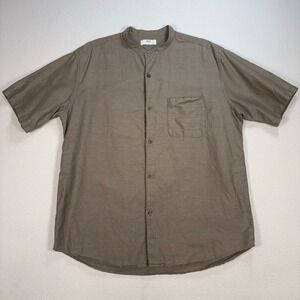 Uniqlo Linen-Cotton Shirt Mens L Olive Green Stand Collar Pocket Resort Vacation